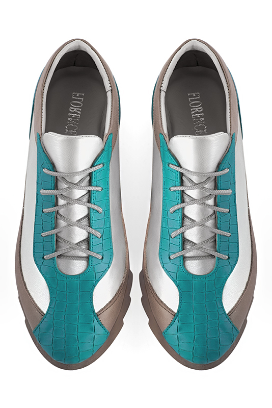 Turquoise blue, light silver and bronze beige women's three-tone elegant sneakers. Round toe. Low rubber soles. Top view - Florence KOOIJMAN